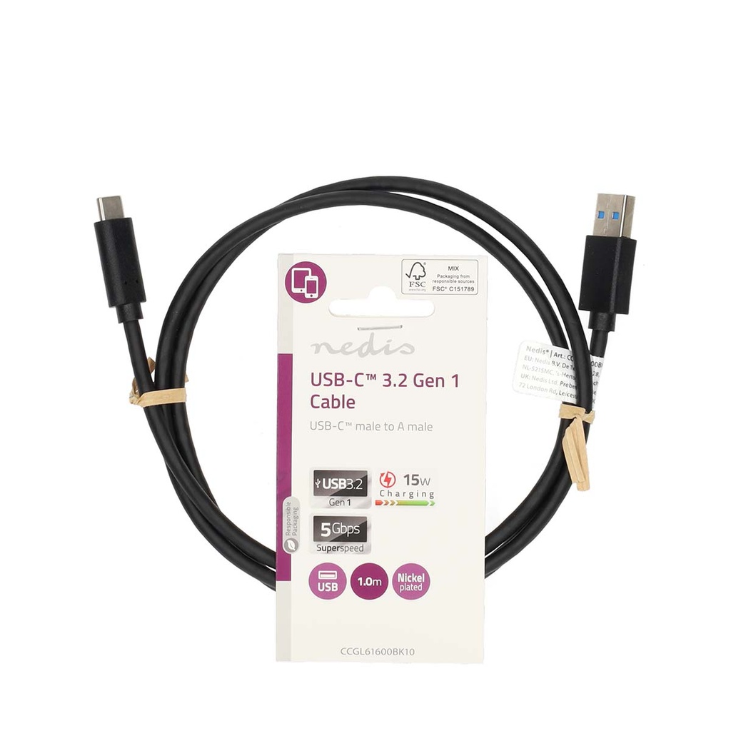 Nedis CCGL61600BK10 USB 3.2 Gen 1-Kabel  USB-A - USB-C 15W  5 Gbps Vernikkeld 1m Zwart 