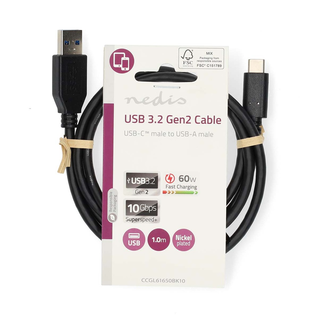 Nedis CCGL61650BK10 USB 3.2 Gen 2-Kabel USB-A - USB-C 60W 10 Gbps Vernikkeld 1m Zwart 