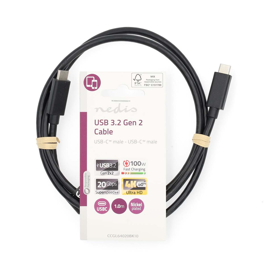 Nedis CCGL64020BK10 USB 3.2 Gen 2-Kabel USB-C 100 W 4K@60Hz 20 Gbps Vernikkeld 1m Zwart
