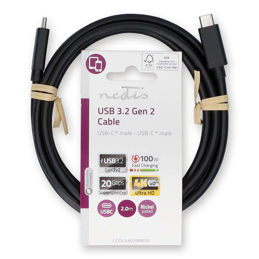 Nedis CCGL64020BK20 USB 3.2 Gen 2-Kabel USB-C 100 W 4K@60Hz 20 Gbps Vernikkeld 2m Zwart