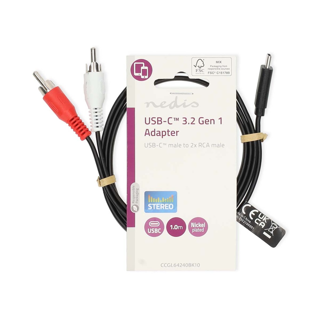 Nedis CCGL64240BK10 USB 3.2 Gen 1-Adapter USB-C - 2x RCA 1m Vernikkeld Zwart