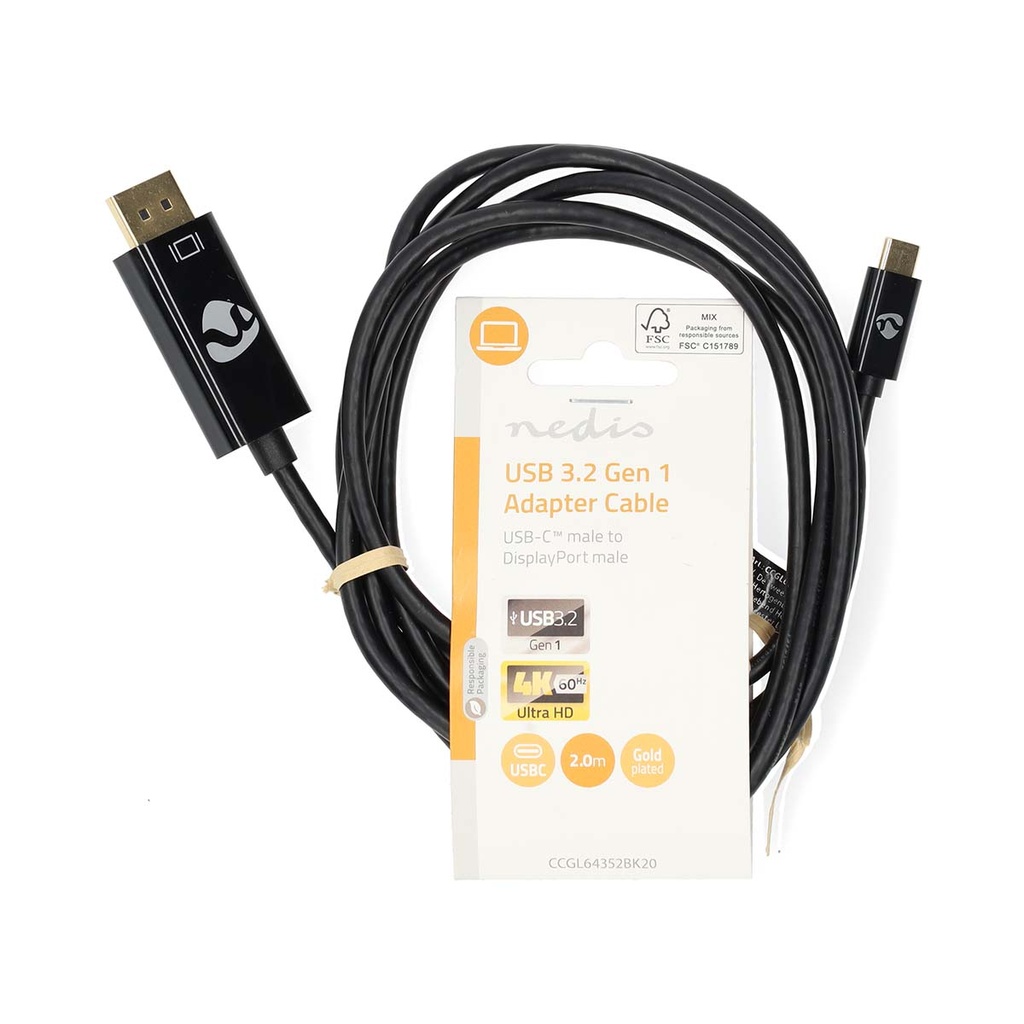 Nedis CCGL64352BK20 USB 3.2 Gen 1-Adapter USB-C - DisplayPort 4K@60Hz 2m Verguld Zwart 