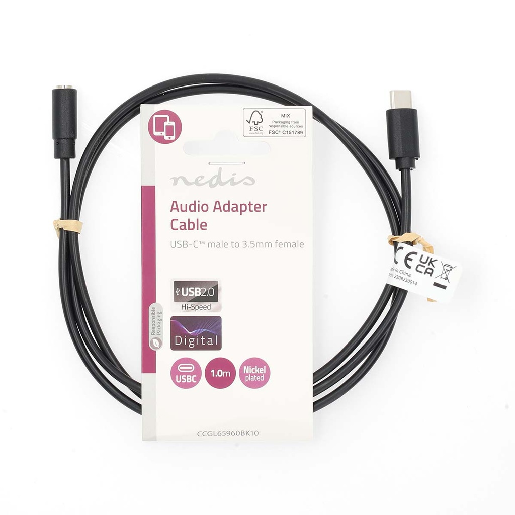 Nedis CCGL65960BK10 USB 2.0-Adapter USB-C - 3,5 mm Jack Vrouwelijk 1m Vernikkeld Zwart