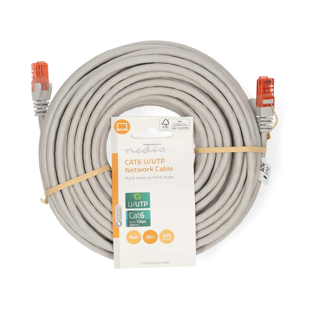 Nedis CCGL85200GY200 CAT6 Netwerkkabel | RJ45 Male | RJ45 Male | U/UTP | 20.0 m | Rond | PVC | Grijs | Label