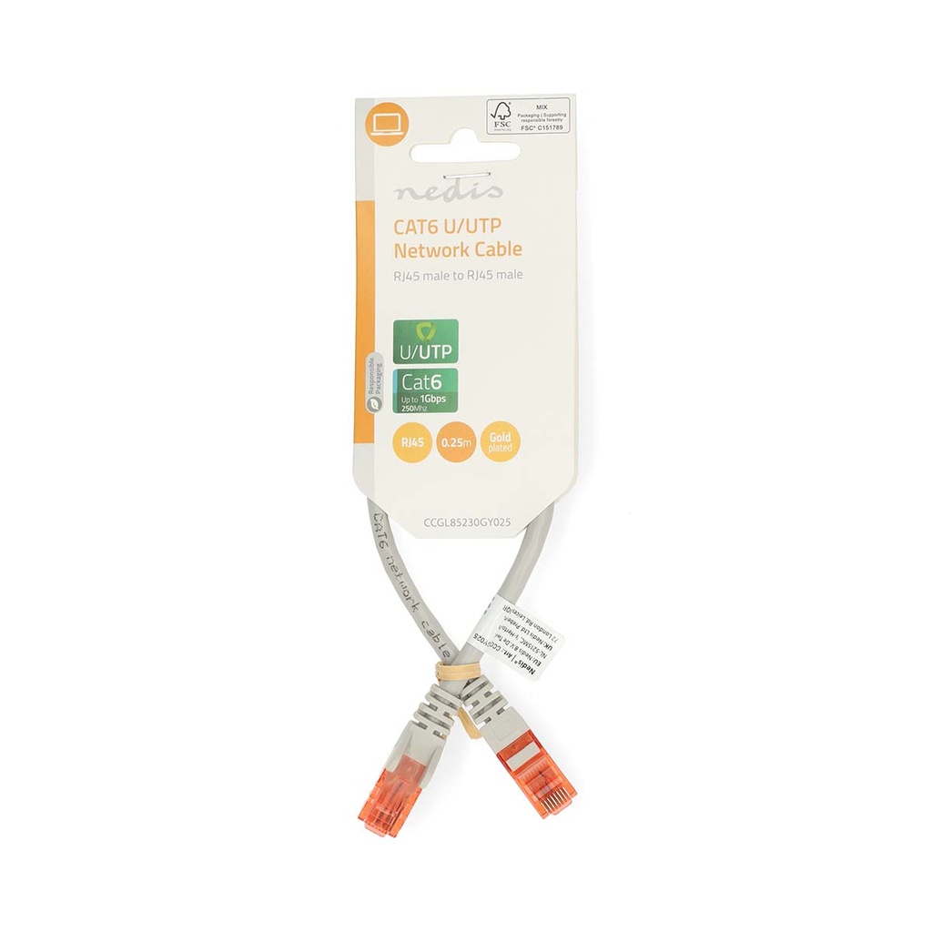 Nedis CCGL85230GY025 CAT6 Netwerkkabel RJ45 U/UTP 25cm Grijs