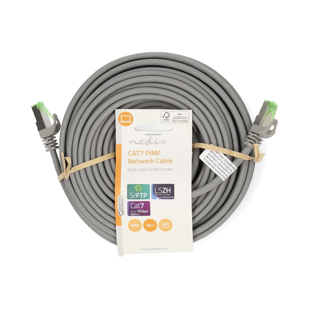 Nedis CCGL85420GY150 CAT7 Netwerkkabel | S/FTP | RJ45 Male | RJ45 Male | 15.0 m | Snagless | Rond | LSZH | Grijs | Label