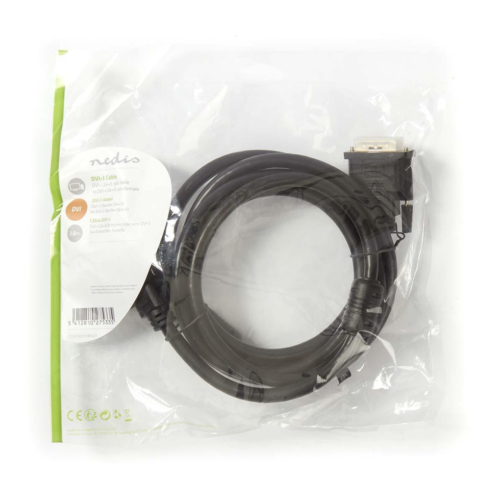 Nedis CCGP32055BK20 DVI-Kabel DVI-I 24+5-Pin - DVI-I 24+5-Pins vrouwelijk 2560x1600 2m Zwart 