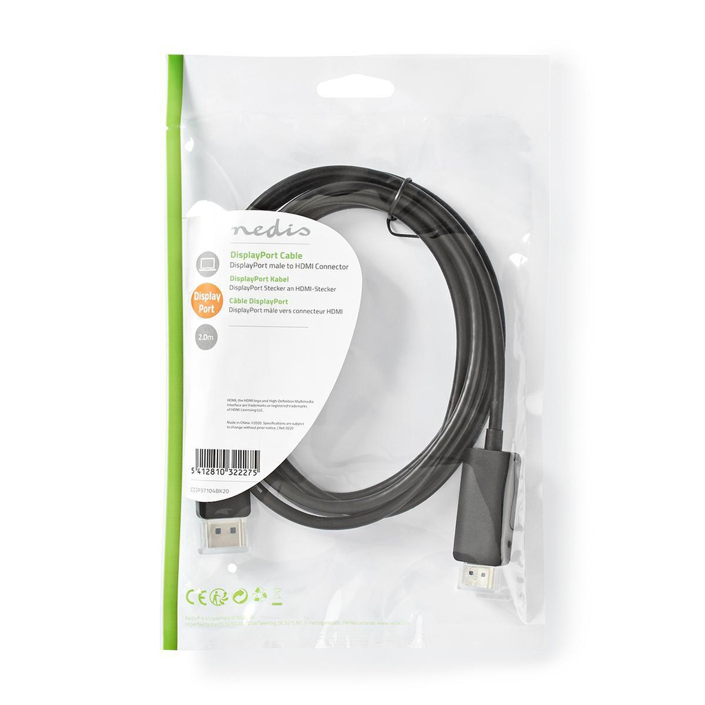 Nedis CCGP37104BK20 DisplayPort-Kabel DisplayPort - HDMI 4K@60Hz Vernikkeld 2m Zwart