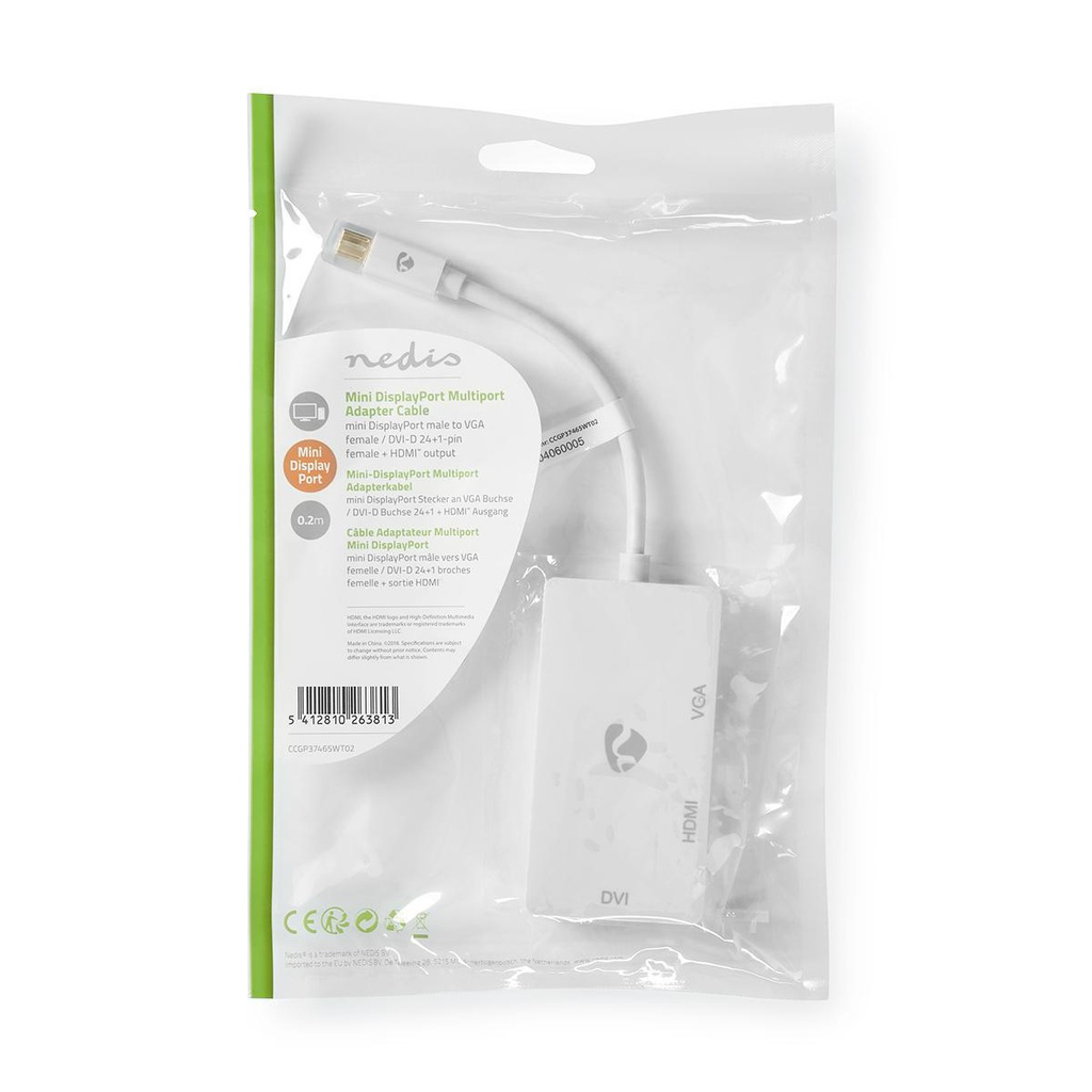 Nedis CCGP37465WT02 Mini DisplayPort-Kabel | DisplayPort 1.2 | Mini-DisplayPort Male | DVI-D 24+1-Pins Female / HDMI™ Input / VGA Female 15p | 21.6 Gbps | Vernikkeld | 0.20 m | Rond | PVC | Wit | Polybag