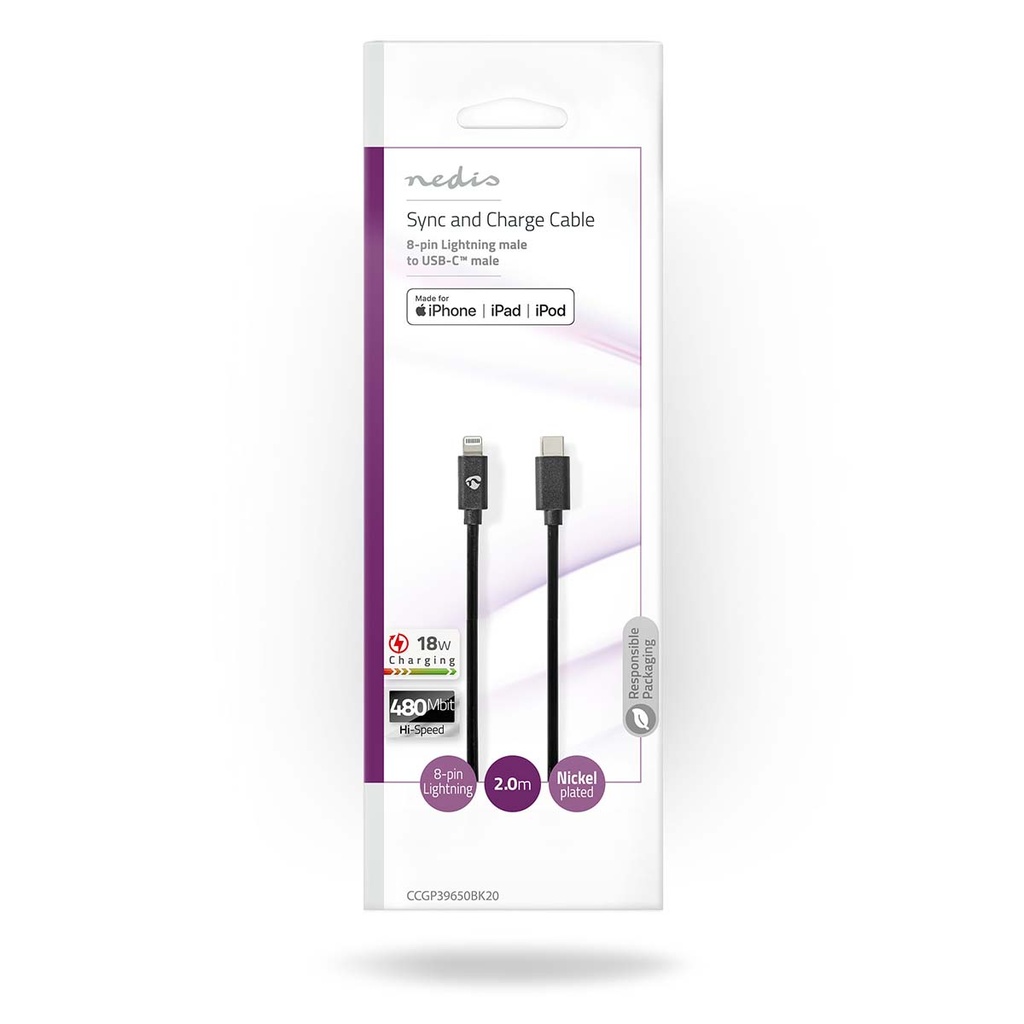 Nedis CCGP39650BK20 USB 2.0 Kabel Lightning - USB-C 480 Mbps Vernikkeld 2m Zwart