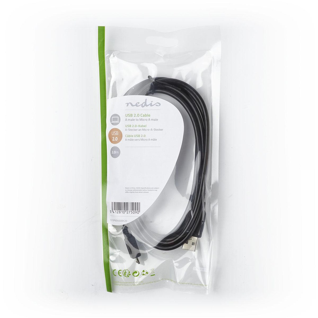 Nedis CCGP60400BK20 USB 2.0-Kabel USB-A - USB Micro-A 480 Mbps Vernikkeld 2m Zwart 