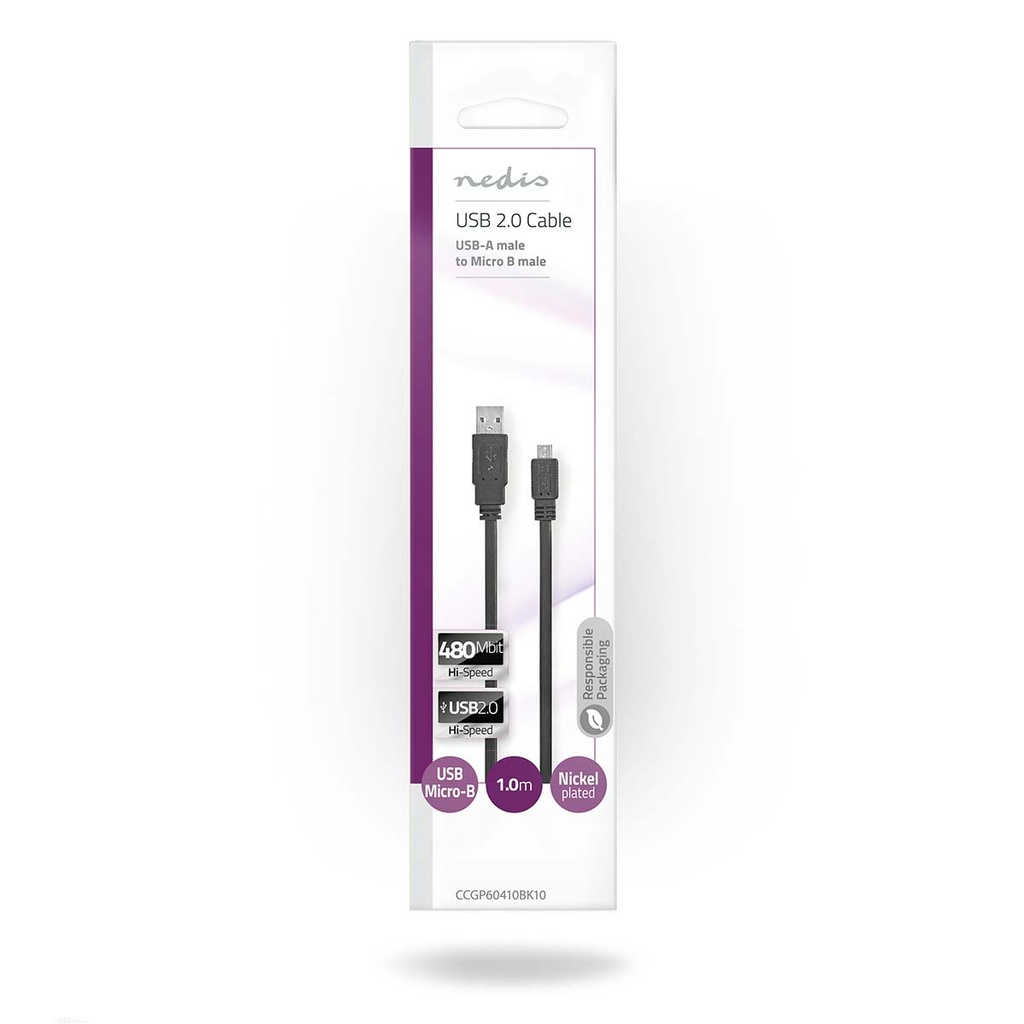 Nedis CCGP60410BK10 USB 2.0-Kabel USB-A - USB Micro-B 480 Mbps Vernikkeld 1m Plat Zwart