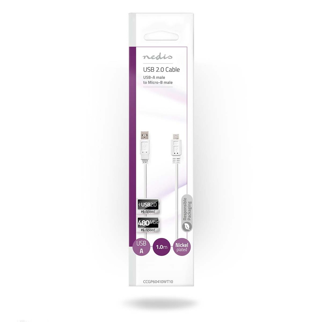 Nedis CCGP60410WT10 USB 2.0 -Kabel USB-A - USB Micro-B 480 Mbps Vernikkeld 1m Plat Wit