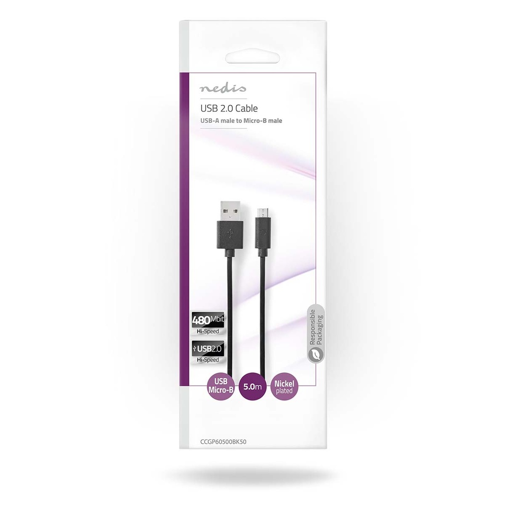 Nedis CCGP60500BK50 USB 2.0-Kabel USB-A - USB Micro-B 9W 480 Mbps Vernikkeld 5m Zwart 