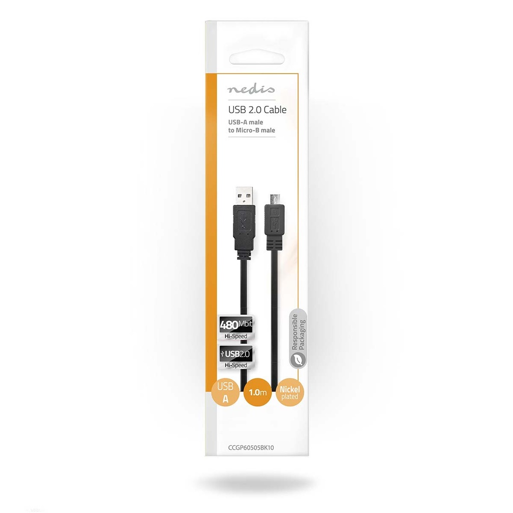 Nedis CCGP60505BK10 USB 2.0-Kabel USB-A -  USB Micro-B 480 Mbps Vernikkeld 1m Plat Zwart
