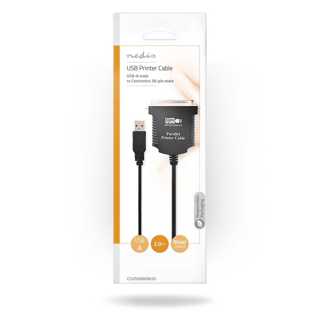 Nedis CCGP60880BK20 Parallelkabel USB-A - Centronics 36-Pins Vernikkeld 2m Zwart