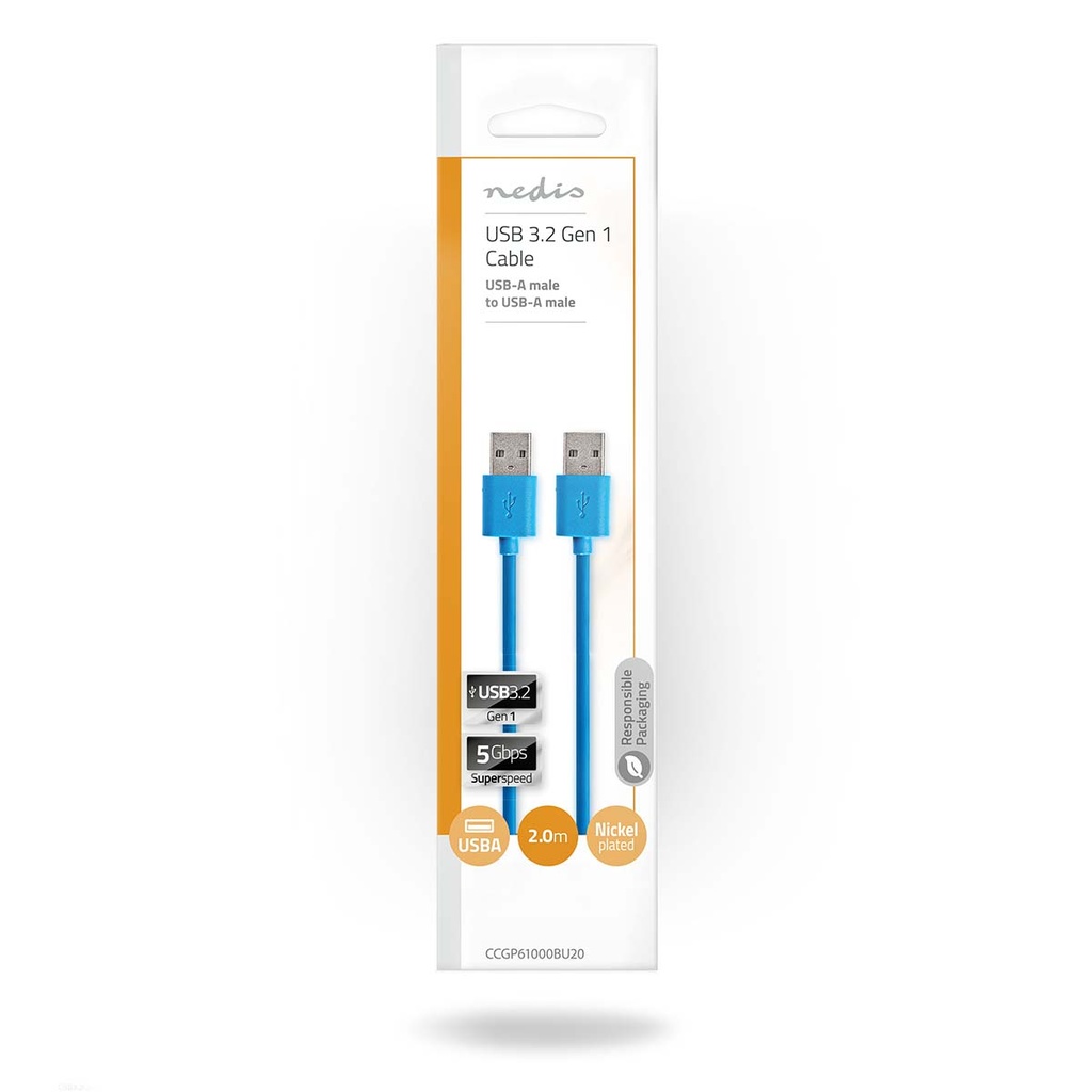 Nedis CCGP61000BU20 USB 3.2 Gen 1-Kabel USB-A 5 Gbps Vernikkeld 2m Blauw 