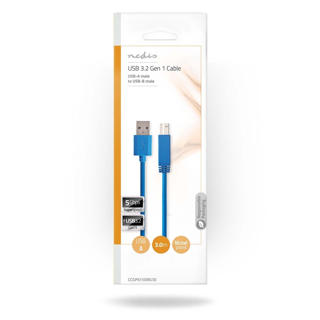Nedis CCGP61100BU30 USB 3.2 Gen 1-Kabel USB-A - USB-B 5 Gbps Vernikkeld 3m Blauw