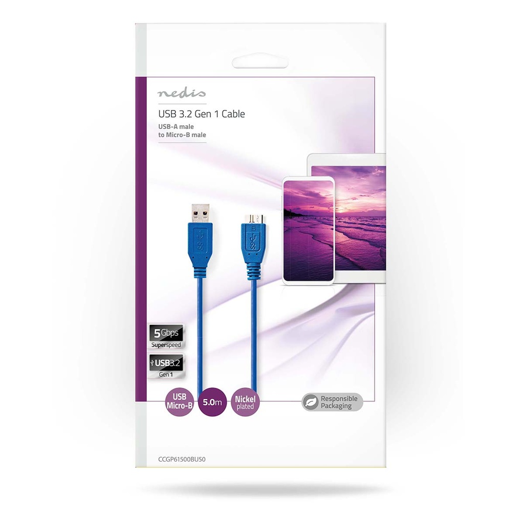 Nedis CCGP61500BU50 USB 3.2 Gen 1-Kabel  USB-A - USB Micro-B 5 Gbps Vernikkeld 5m Blauw 