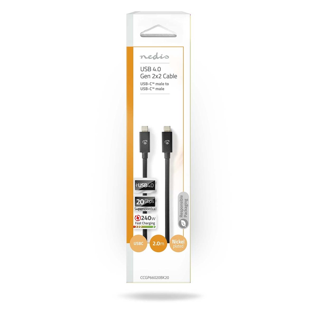 Nedis CCGP66020BK20 USB 4.0 Gen 2x2-Kabel USB-C 240W 8K@60Hz 20 Gbps 2m Zwart 