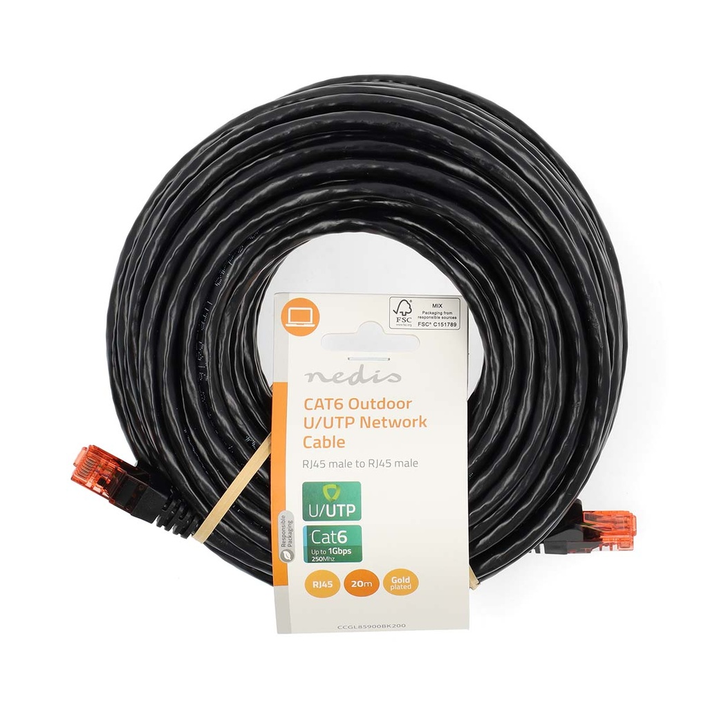 Nedis CCGP85900BK200 CAT6 Netwerkkabel U/UTP RJ45 20m Buitenshuis Zwart