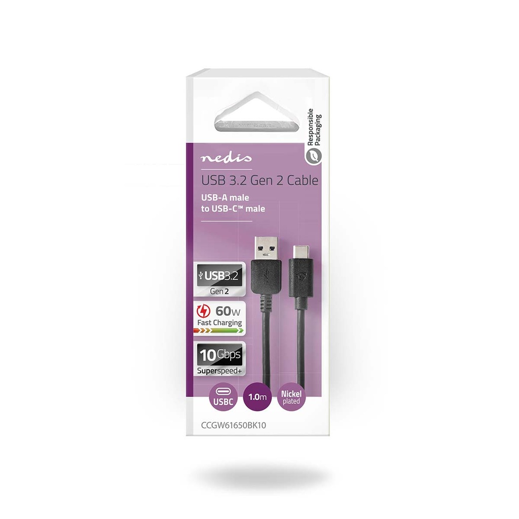 Nedis CCGW61650BK10 USB 3.2 Gen 2-Kabel USB-A - USB-C 60 W 10 Gbps Vernikkeld 1m Zwart 
