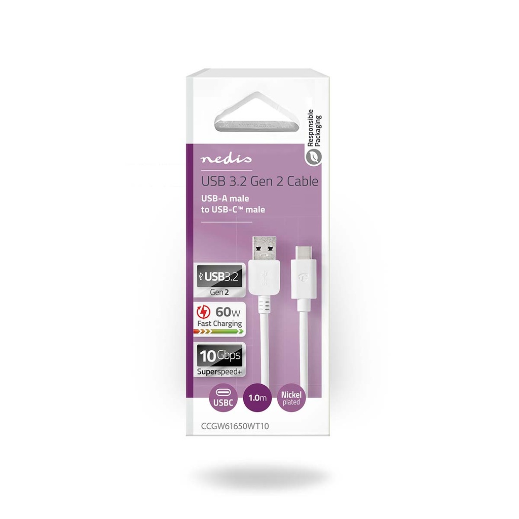 Nedis CCGW61650WT10 USB 3.2 Gen 2-Kabel  USB-A - USB-C 60 W 10 Gbps Vernikkeld 1m Wit 
