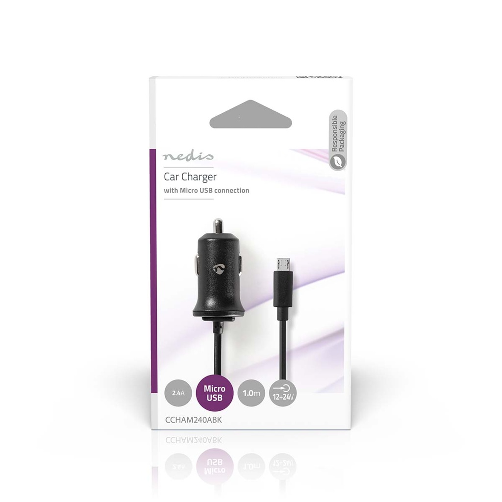 Nedis CCHAM240ABK Autolader 12 W 2.4 A Micro-USB 1m Enkel Voltage Zwart