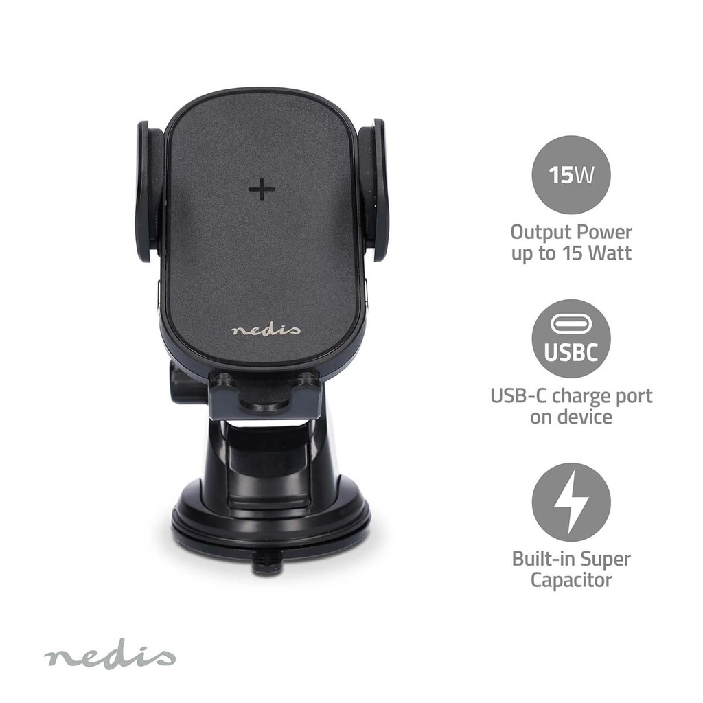 Nedis CCHAQ15W110BK Draadloze Autolader 7.5/10/15W 1.5/1.67/2A 1m USB-C Zwart