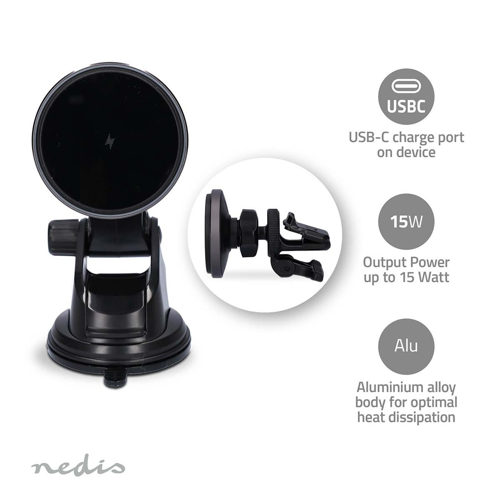 Nedis CCHAQM15W110BK Draadloze Autolader MagSafe 7.5/10/15W 1.5/1.67/2A 1m USB-C Zwart