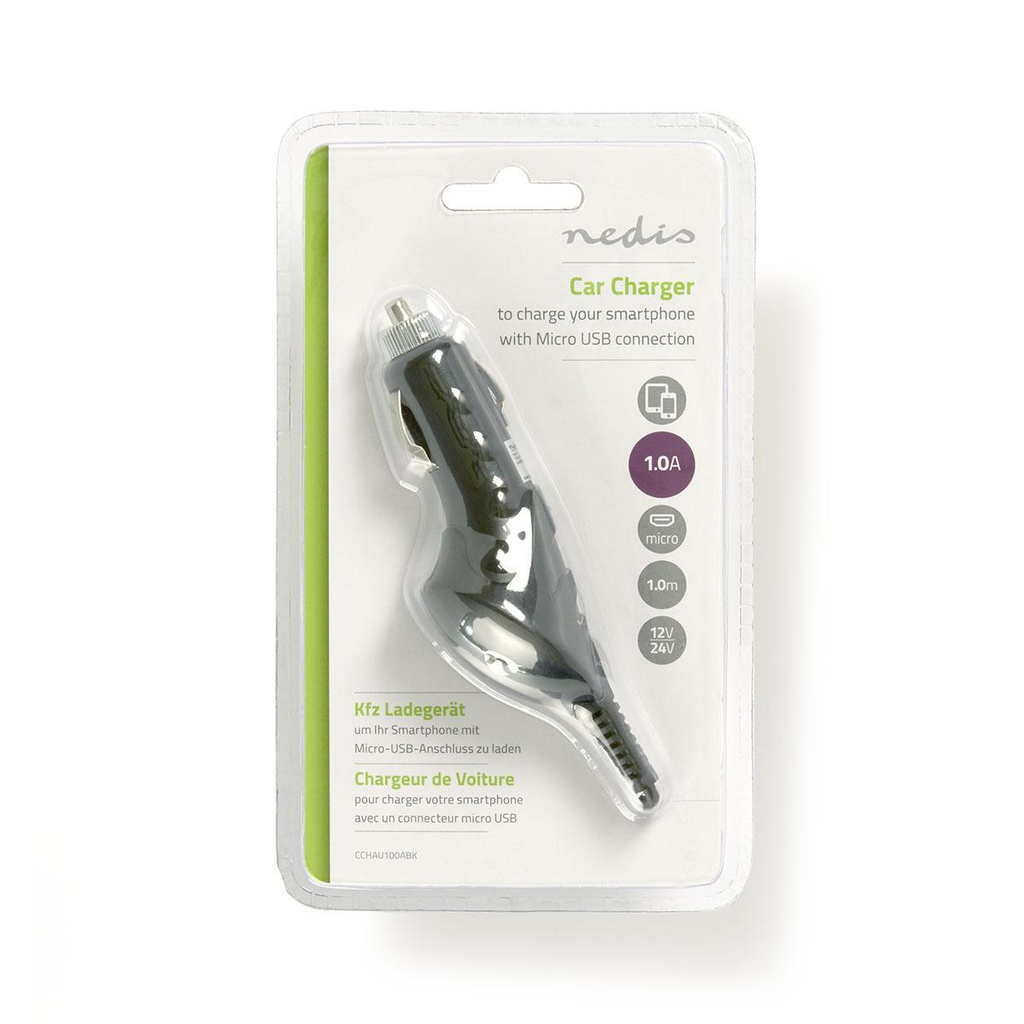 Nedis CCHAU100ABK Autolader 5W 1A Micro-USB 1m Enkel Voltage Zwart