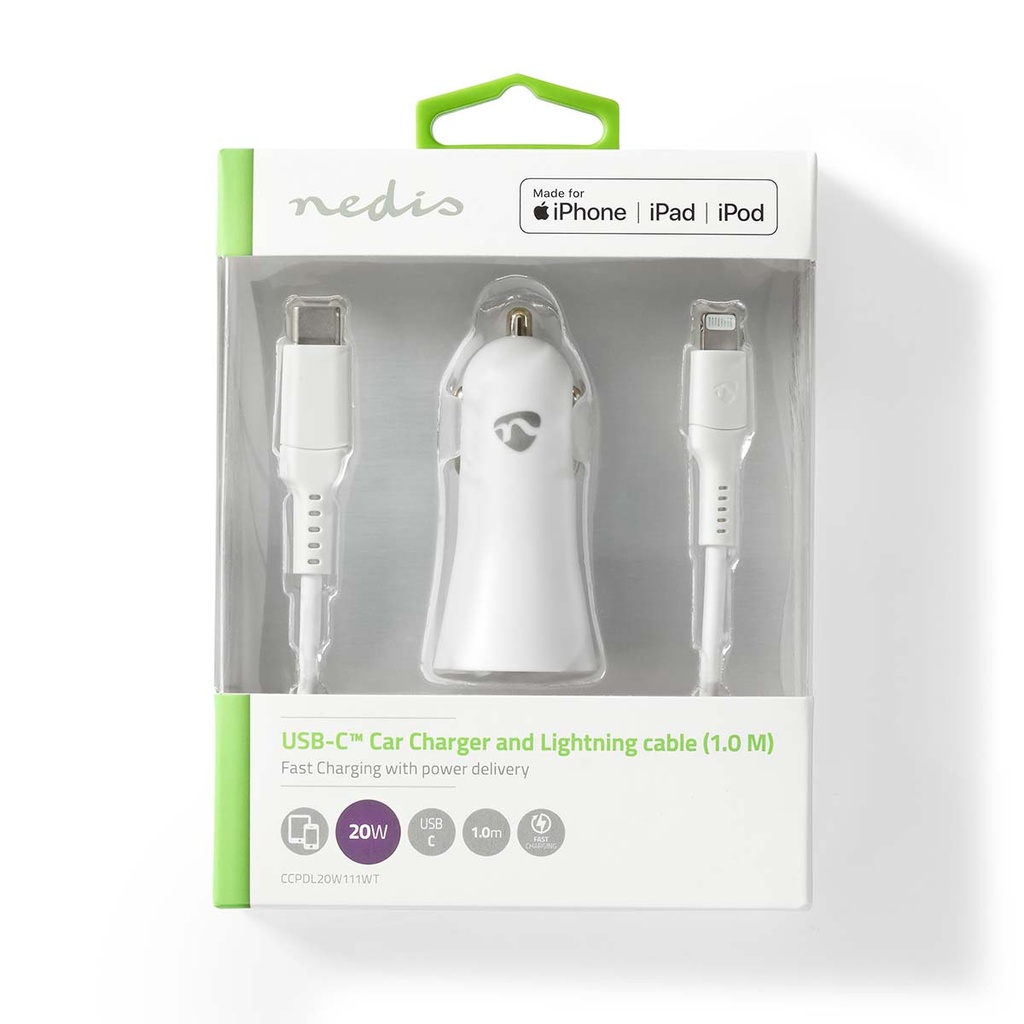 Nedis CCPDL20W111WT Autolader 20W 1.67/2.22/3A USB-C - Lightning 1m Automatische Voltage Wit
