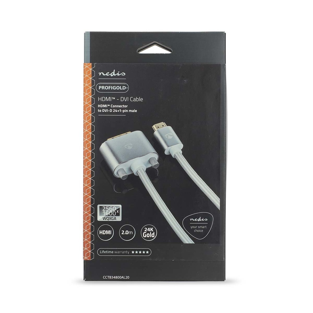 Nedis CCTB34800AL20 HDMI Kabel HDMI - DVI-D 24+1-Pins  2560x1600@60Hz Verguld 2m Zilver