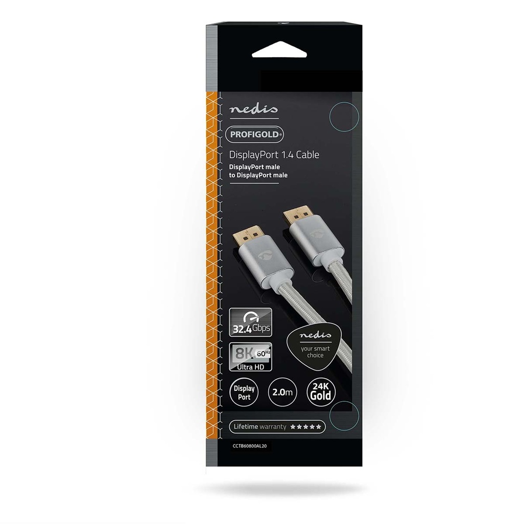 Nedis CCTB37014AL20 DisplayPort-Kabel | DisplayPort Male | DisplayPort Male | 8K@60Hz | Verguld | 2.00 m | Rond | Gevlochten | Zilver | Cover Window Box