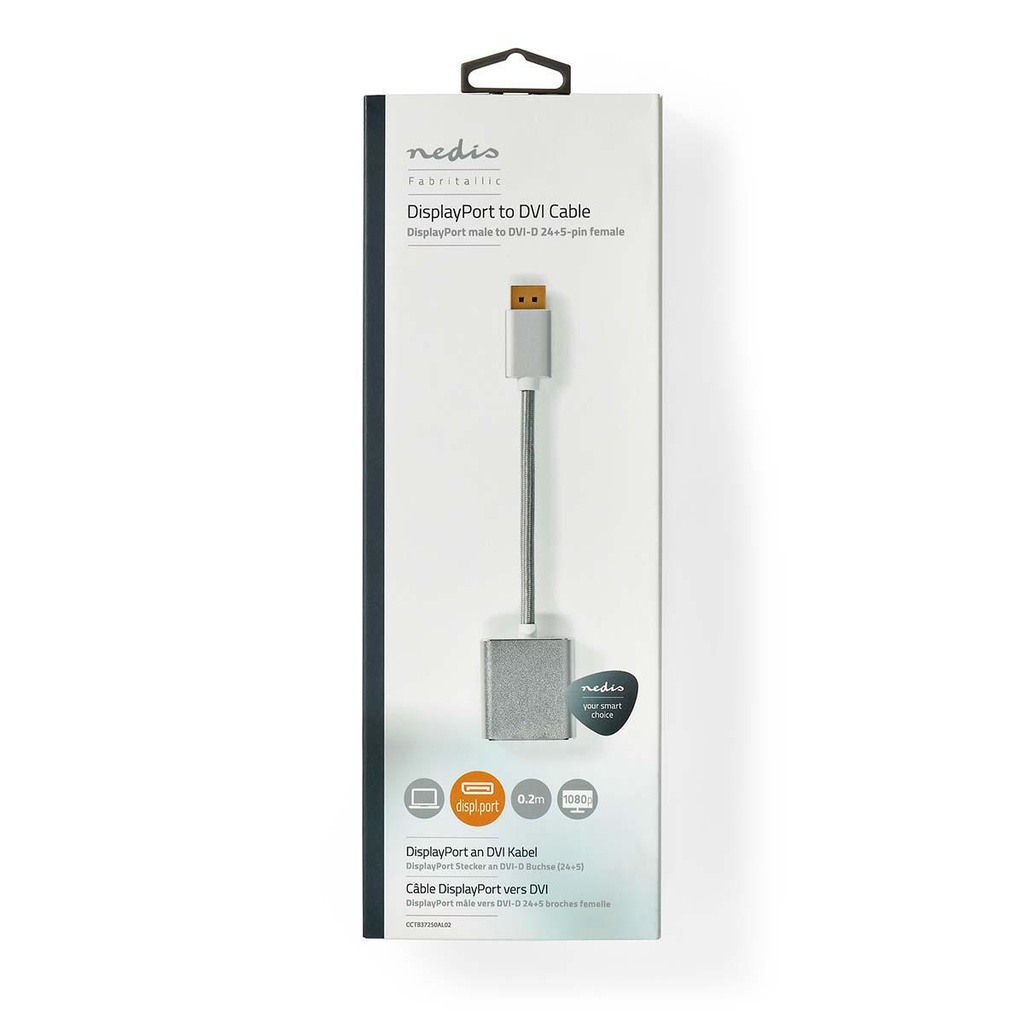 Nedis CCTB37250AL02 Video-Kabel DisplayPort - DVI-D 24+1-Pins Vrouwelijk 1080p@60Hz 20cm Zilver