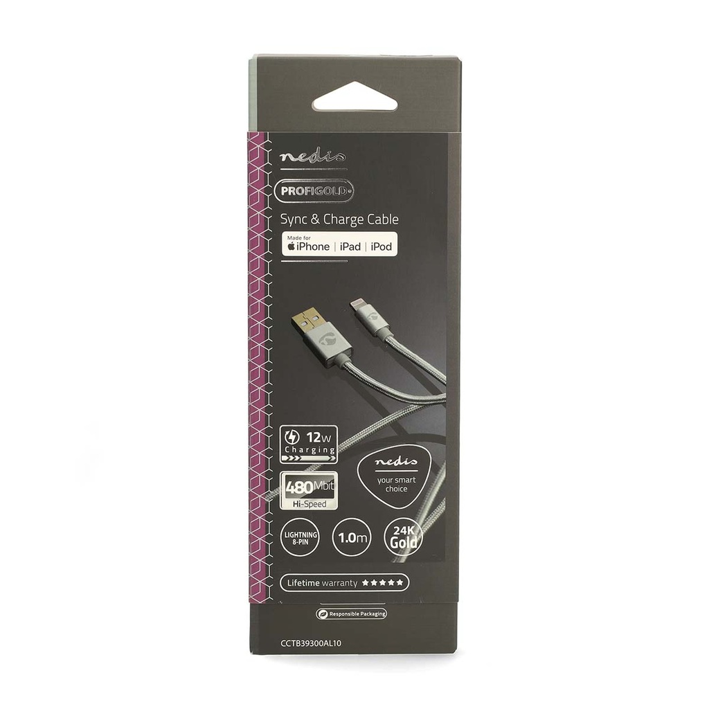 Nedis CCTB39300AL10 USB 2.0-Kabel Lightning - USB-A 480 Mbps Verguld 1m Aluminium