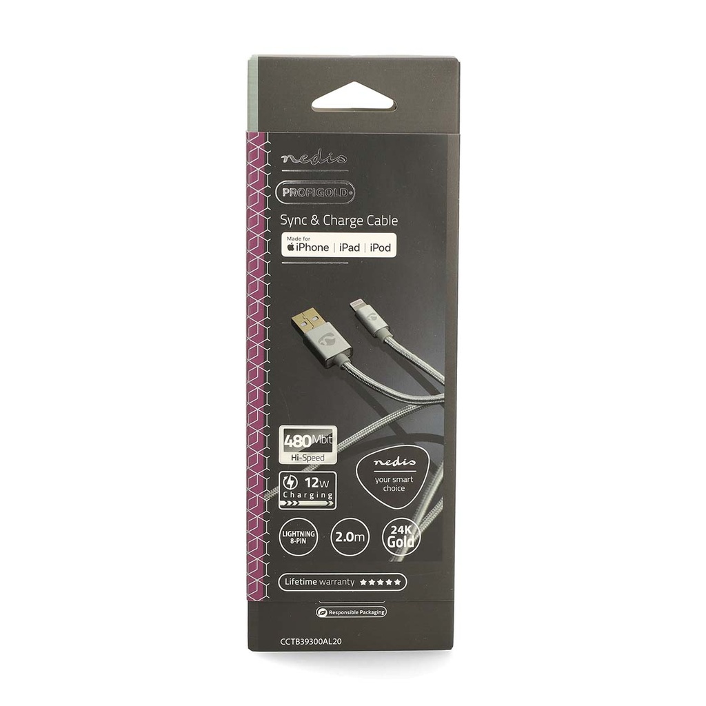 Nedis CCTB39300AL20  USB 2.0-Kabel Lightning - USB-A 480 Mbps Verguld 2m Aluminium 