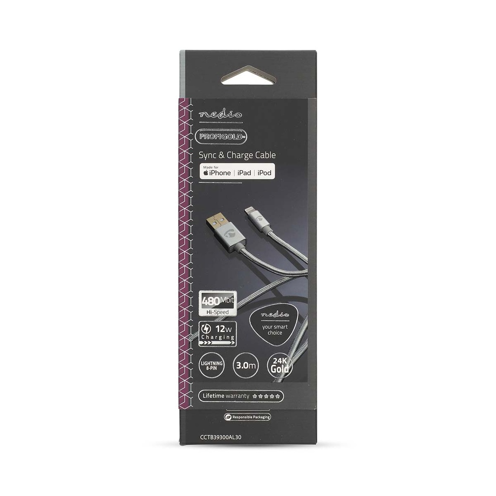 Nedis CCTB39300AL30 USB 2.0 Kabel Lightning - USB-A 480 Mbps Verguld 3m Aluminium