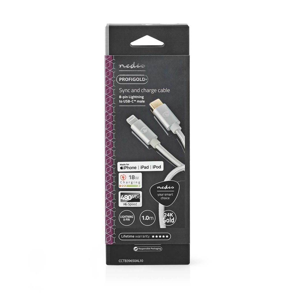 Nedis CCTB39650AL10 USB 2.0 Kabel Lightning - USB-C 480 Mbps Verguld 1m Zilver