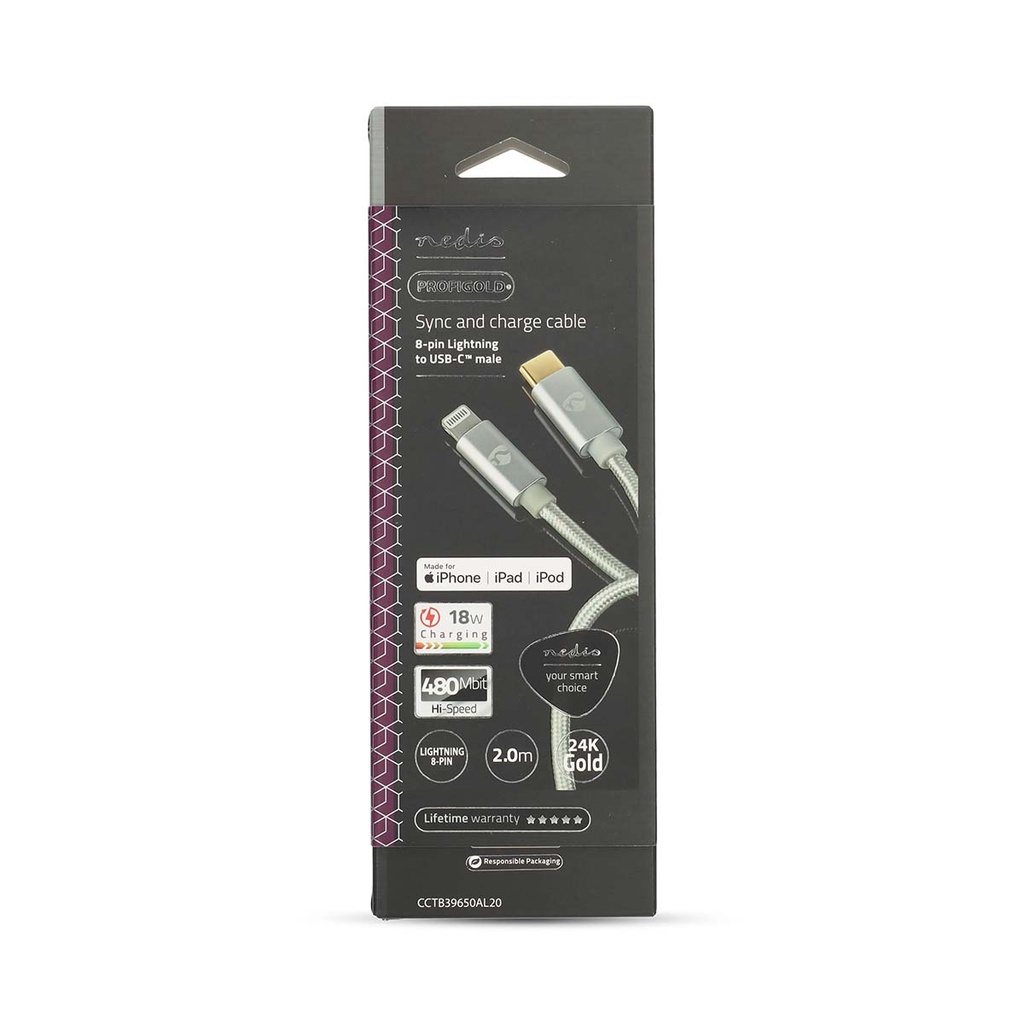 Nedis CCTB39650AL20 USB 2.0-Kabel Lightning - USB-C 480 Mbps Verguld 2m Zilver