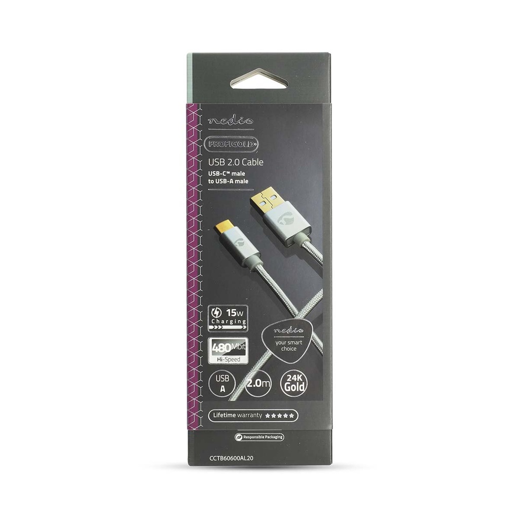 Nedis CCTB60600AL20 USB 2.0-Kabel USB-A - USB-C 15W 480Mbps Verguld 2m Zilver