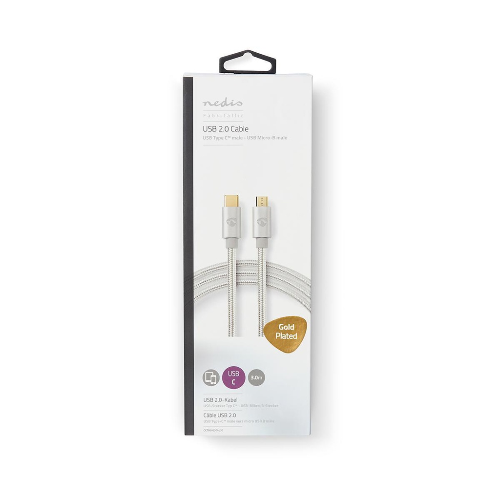 Nedis CCTB60650AL30 USB 2.0 -Kabel USB-C - USB Micro-B 10W 480Mbps Verguld 3m Zilver