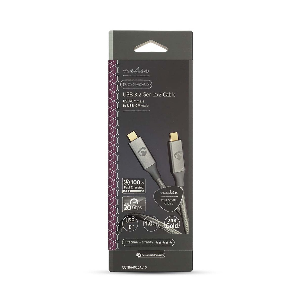 Nedis CCTB64020AL10 USB 3.2 Gen 2x2-Kabel USB-C 100W 4K@60Hz 20Gbps Verguld 1m Zilver
