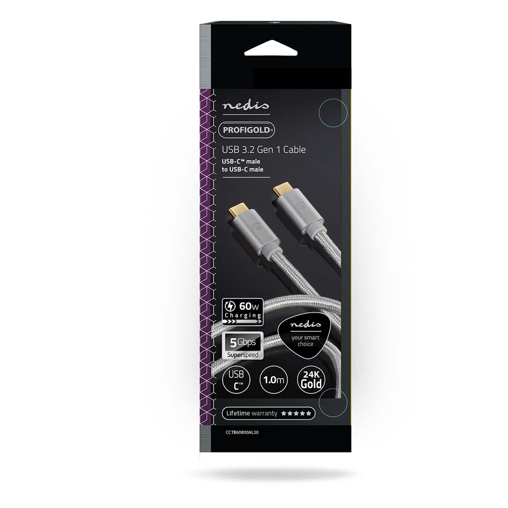 Nedis CCTB64700AL10 USB 3.2 Gen 1-Kabel USB-C 60W 4K@60Hz 5Gbps Verguld 1m Zilver