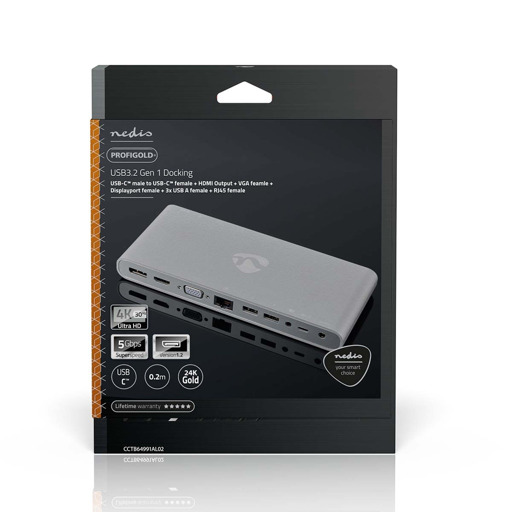 Nedis CCTB64991AL02 USB Docking Station | USB 3.2 Gen 1 | USB-C™ Male | DisplayPort Female / HDMI™ Output / RJ45 Female / VGA Female 15p / 2x 3,5 mm Female / 2x USB-C™ / 4x USB-A | 0.20 m | Rond | Vernikkeld | Gevlochten / Nylon | Wit | Window Box met Euro Lock