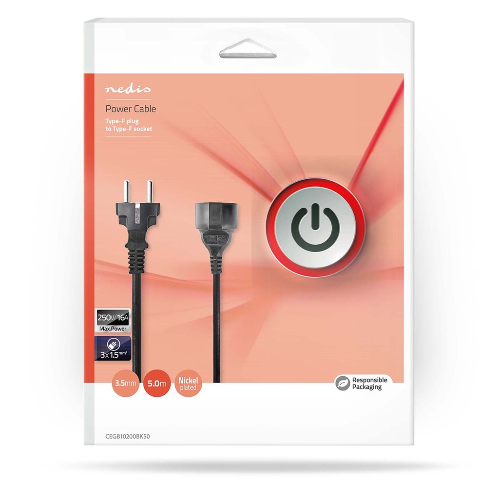 Nedis CEGB10200BK50 Stroomkabel Type F - Type F Vrouwelijk  Vernikkeld 5m Zwart 