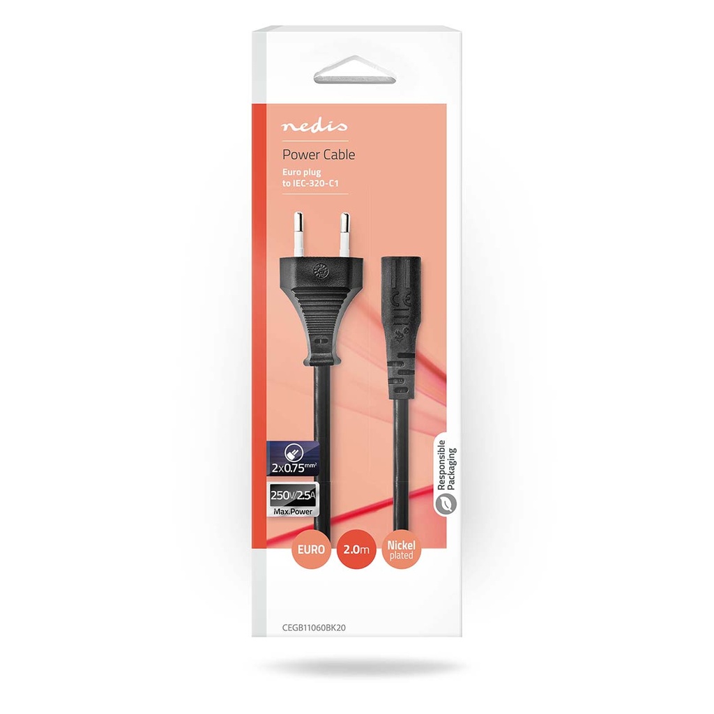 Nedis CEGB11060BK20 Stroomkabel | Euro Male | IEC-320-C1 | Recht | Recht | Vernikkeld | 2.00 m | Plat | PVC | Zwart | Doos