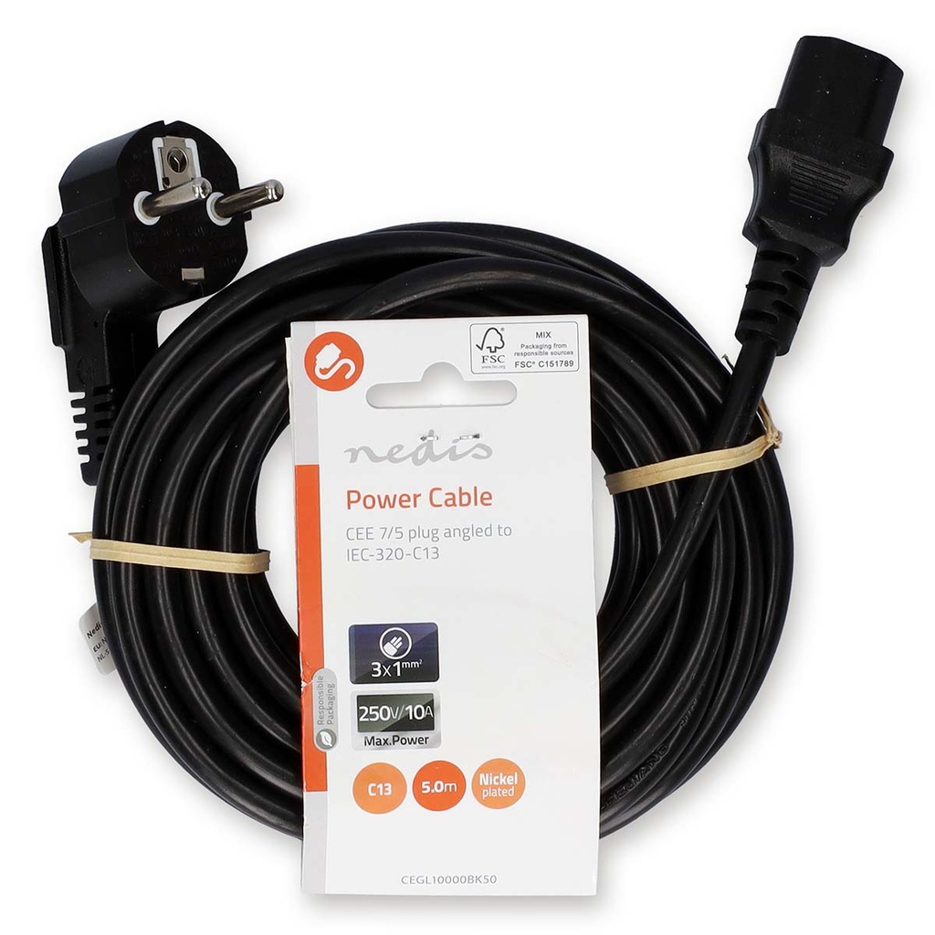 Nedis CEGL10000BK50  Stroomkabel Type F - IEC-320-C13 Haaks Vernikkeld 5m Zwart