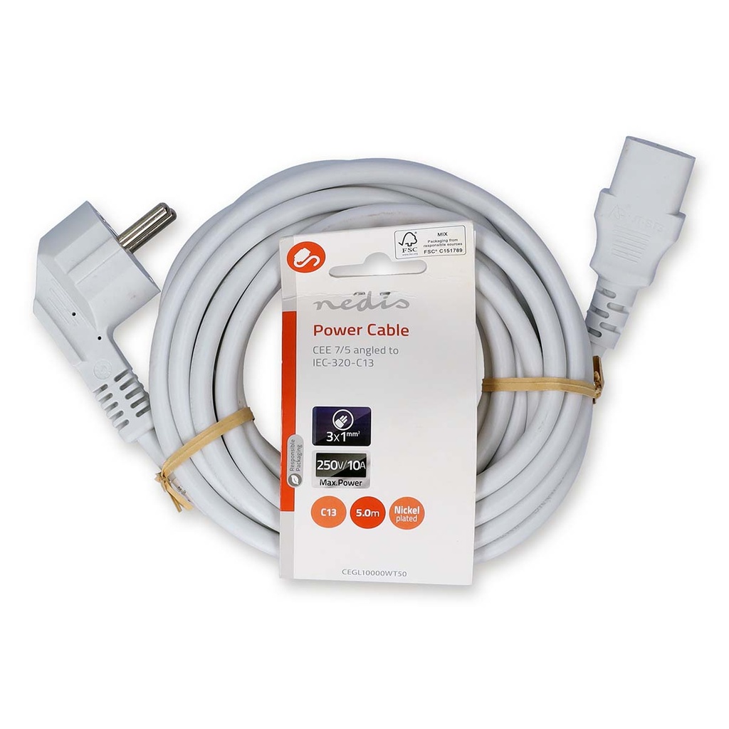 Nedis CEGL10000WT50 Stroomkabel Type F - IEC-320-C13 Haaks Vernikkeld 5m Wit
