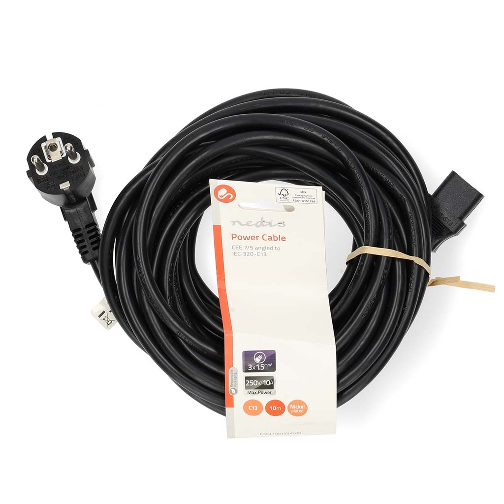 Nedis CEGL10015BK100 Stroomkabel Type F - IEC-320-C13 Haaks Vernikkeld 10m Zwart
